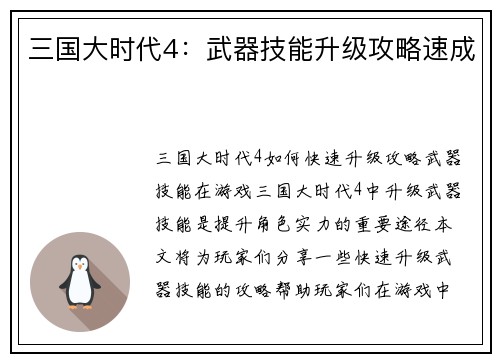 三国大时代4：武器技能升级攻略速成